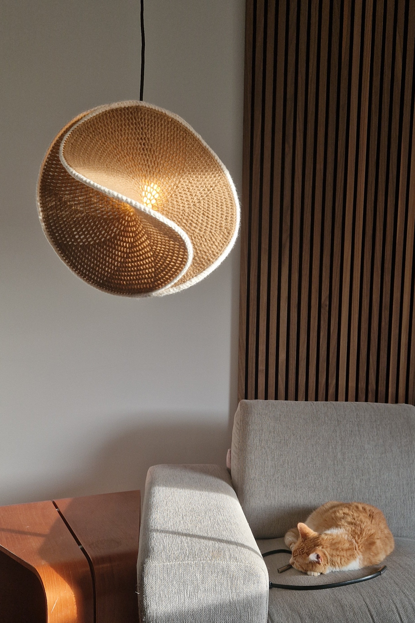 Modern lampshade hanging above a gray sofa with a cat sitting on it.